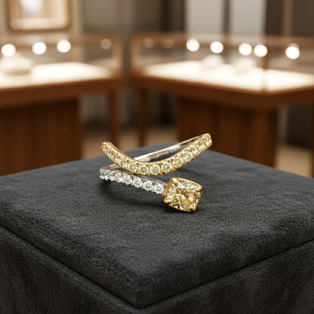 14KT Gold Fancy Yellow Diamond Bypass Ring | 1.20ct Center with 0.19ct Pavé Side Diamonds