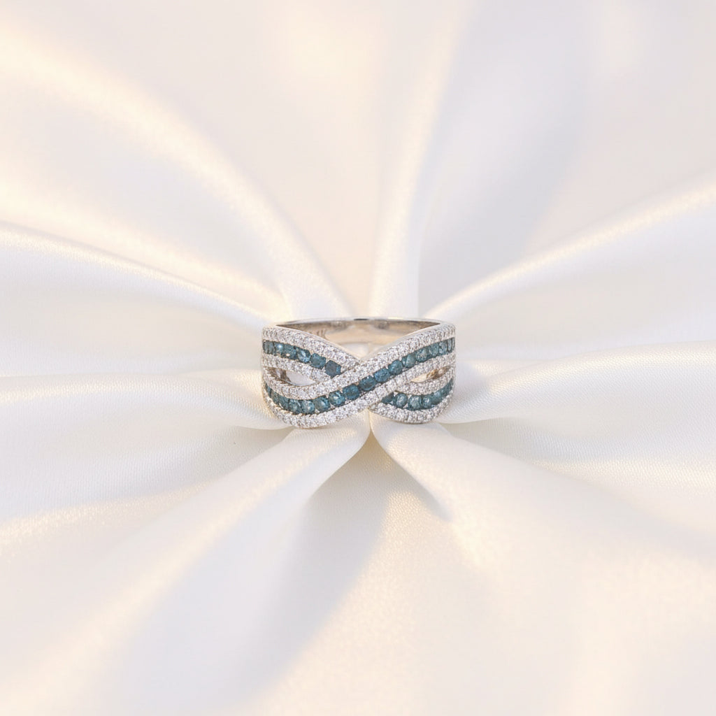 14K White Gold Blue & White Diamond Infinity Crossover Ring – 1.33 Total Carats of Timeless Elegance