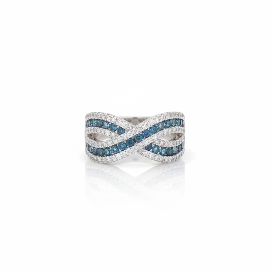 14K White Gold Blue & White Diamond Infinity Crossover Ring – 1.33 Total Carats of Timeless Elegance