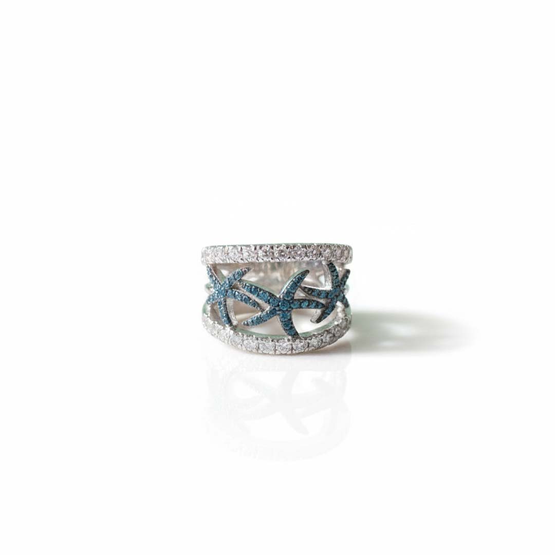 14K White Gold Ring with 0.33 CT Blue Diamonds & 0.68 CT White Diamonds – Starfish Design