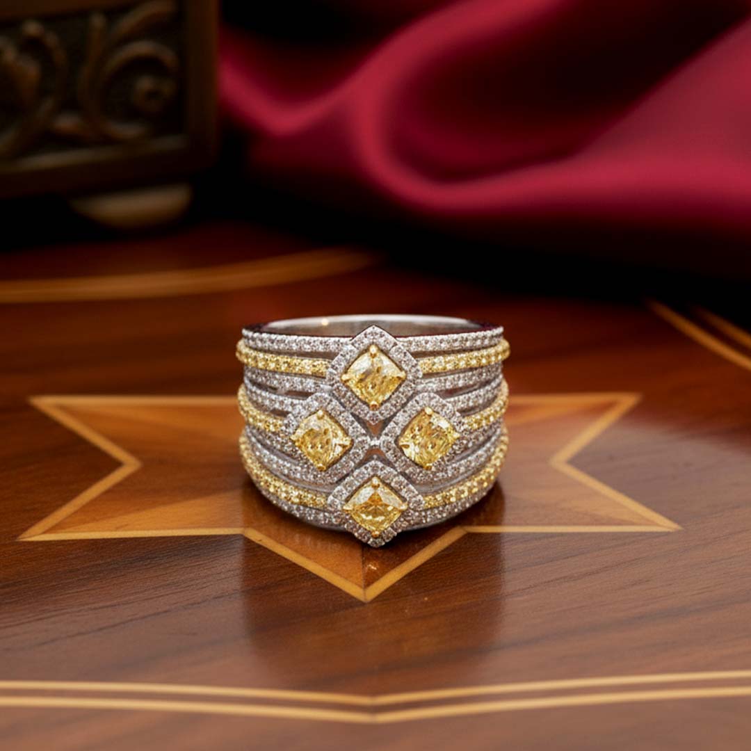 14KT Gold Fancy Yellow & White Diamond Multi-Row Band Ring – 2.49 Cts Total