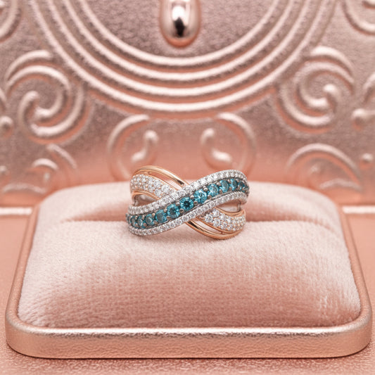 14K Gold 2.00 CT Blue and White Diamond Ring – Crossover Design with Rose Gold Accents