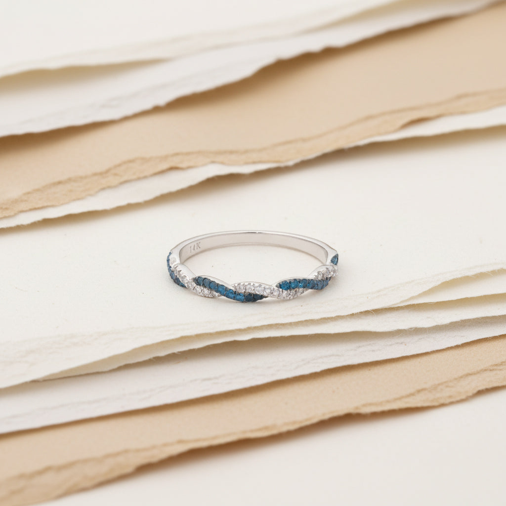 14K White Gold Blue & White Diamond Twist Ring – 0.25 Total Carats of Effortless Elegance