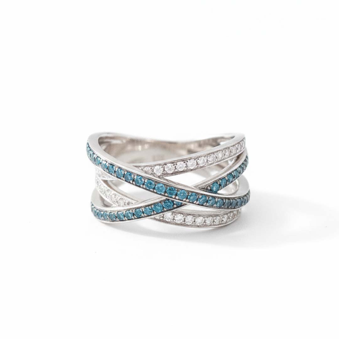 14K White Gold 0.68 CT Blue & White Diamond Crossover Band Ring