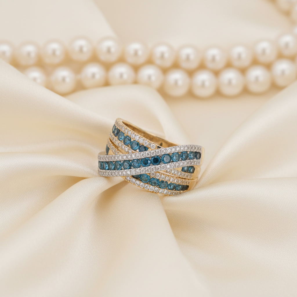 14K Gold Blue & White Diamond Crossover Ring – 1.61 Total Carats of Timeless Elegance