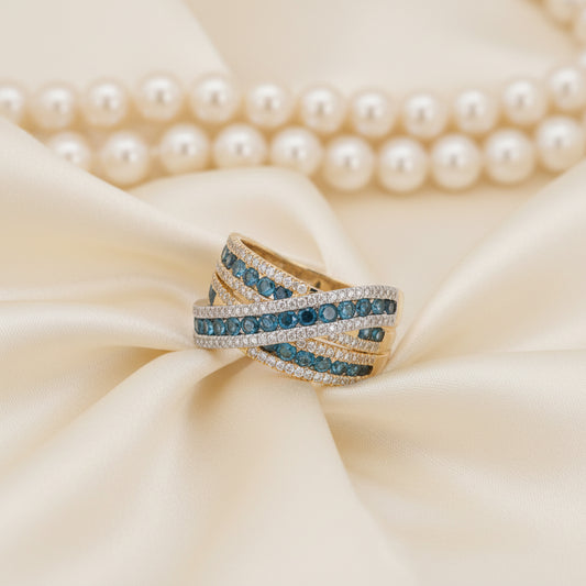 14K Gold Blue & White Diamond Crossover Ring – 1.61 Total Carats of Timeless Elegance