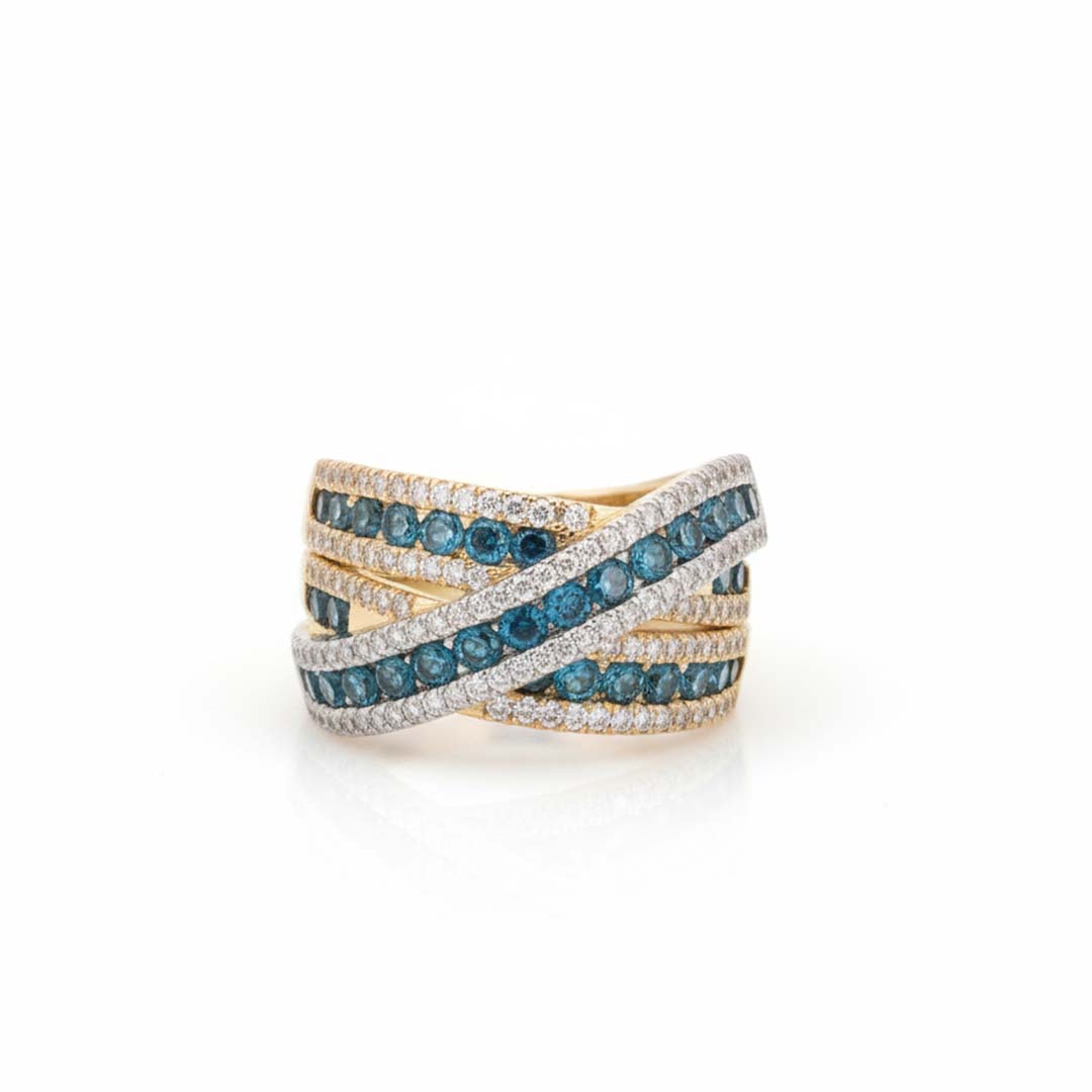 14K Gold Blue & White Diamond Crossover Ring – 1.61 Total Carats of Timeless Elegance