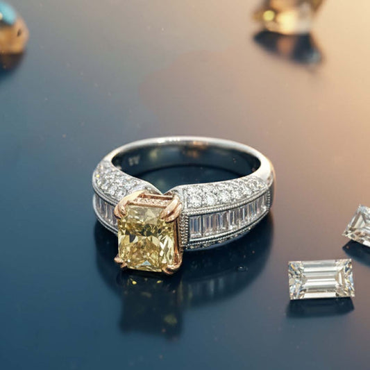 2.01ct Fancy Yellow Radiant-Cut Diamond Ring in 18K Gold with Baguette & Pavé Side Diamonds