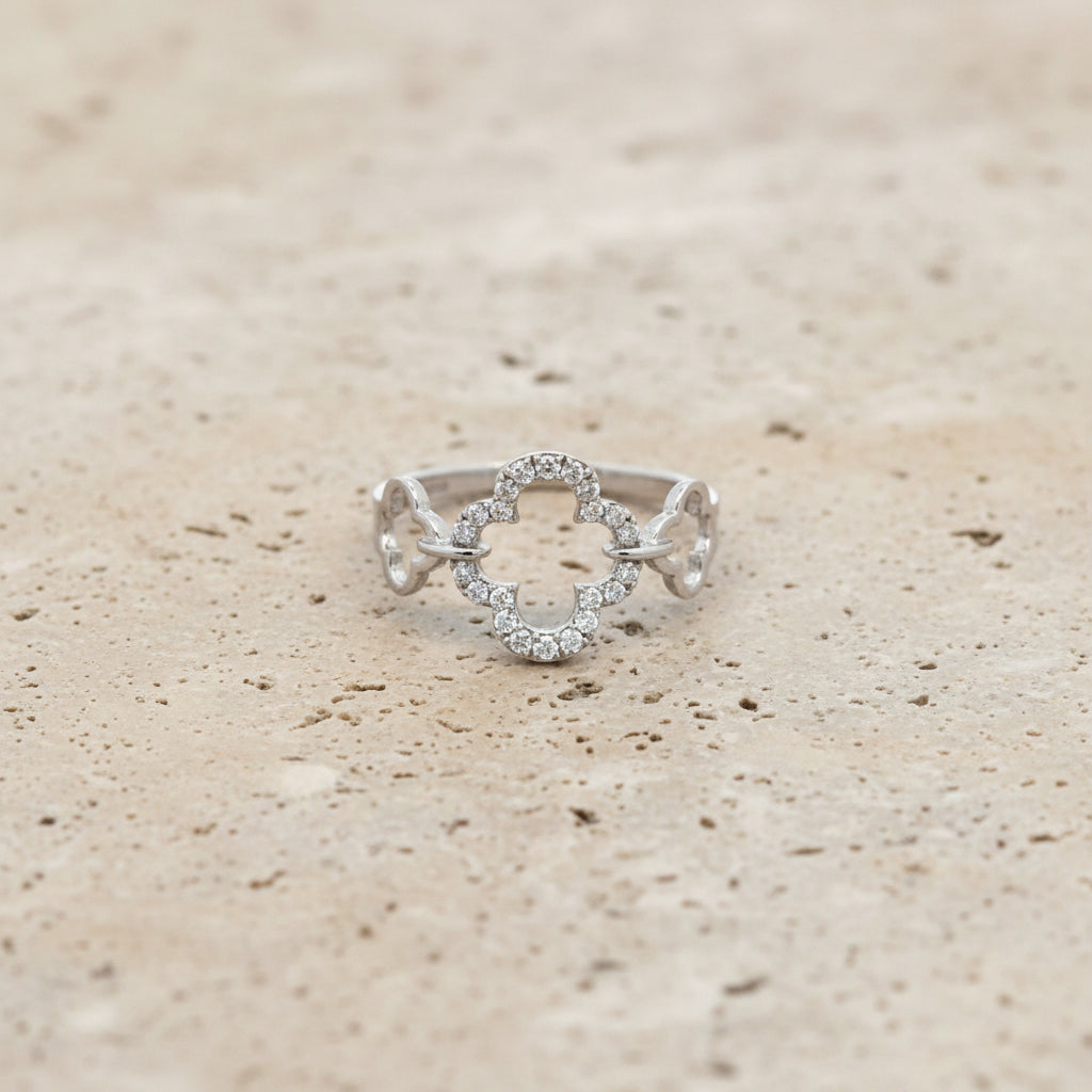 14K White Gold Quatrefoil Pavé Diamond Ring – 0.17 Total Carats of Timeless Elegance