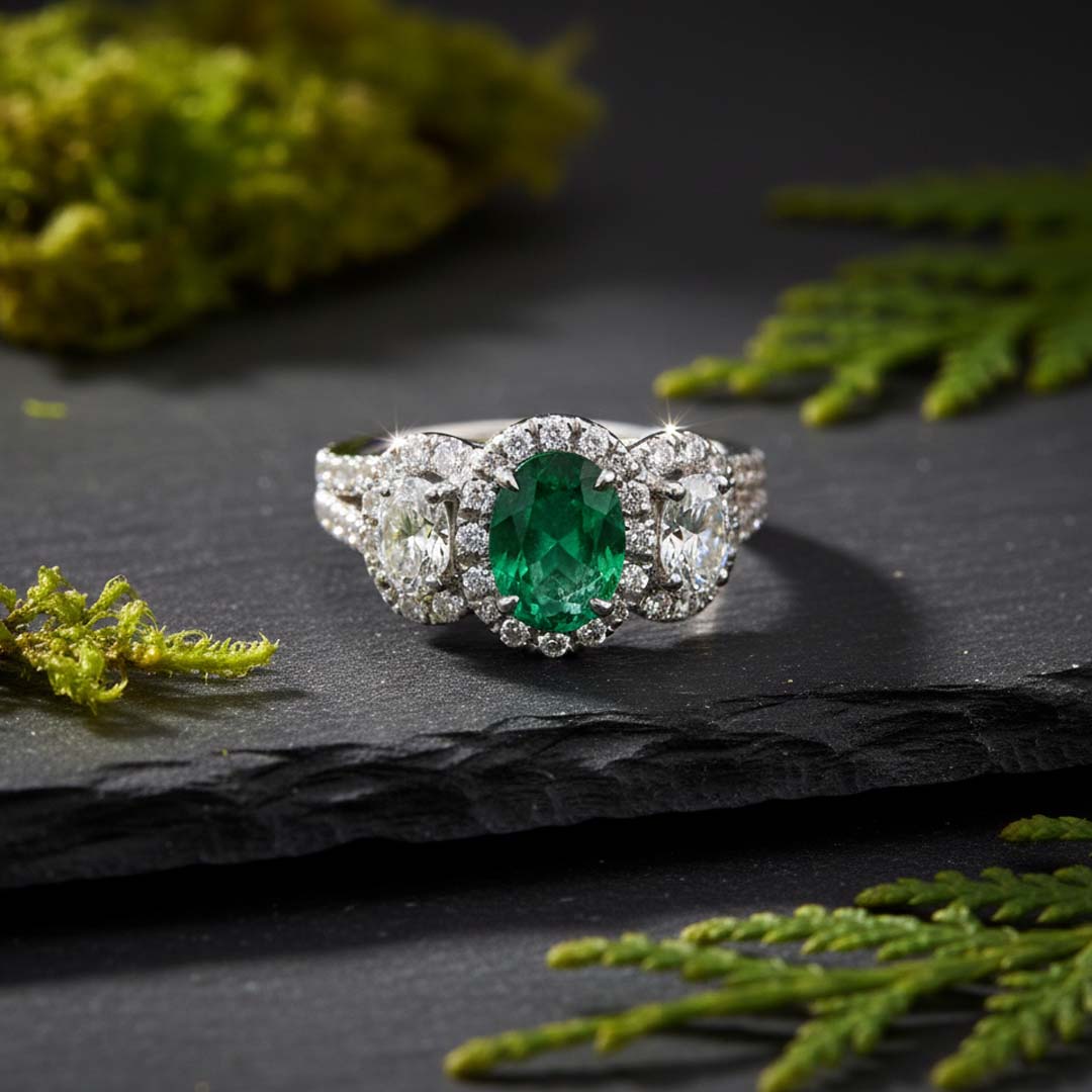 18K White Gold Oval Emerald and Diamond Three-Stone Halo Ring (2.57 CTW)