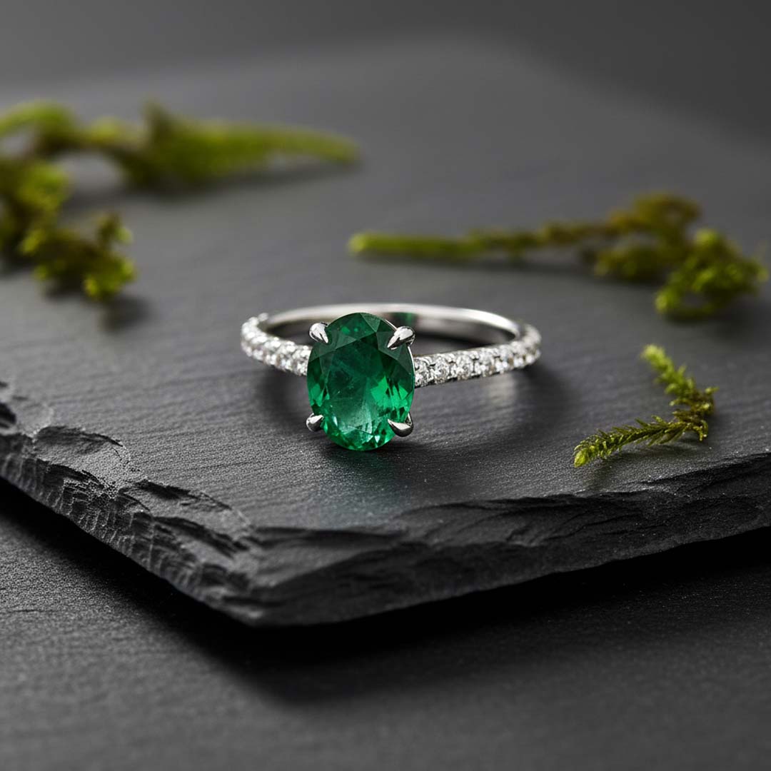 14K White Gold 1.45 CT Oval-Cut Emerald and 0.52 CT Diamond Ring