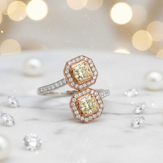 18KT Gold Bypass Ring with 0.90ct Fancy Yellow Diamonds and 0.44cts White Diamonds