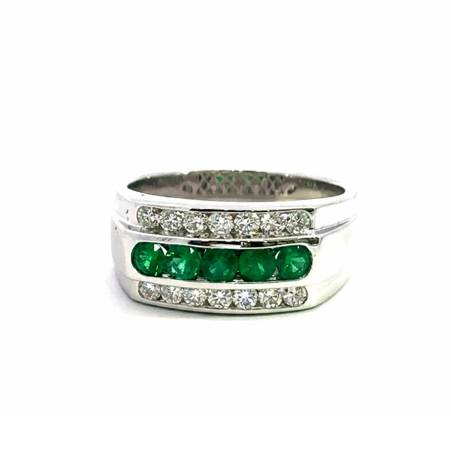 14KT White Gold Men’s Ring – 0.73ct Emeralds Surrounded by 0.70ct Diamonds