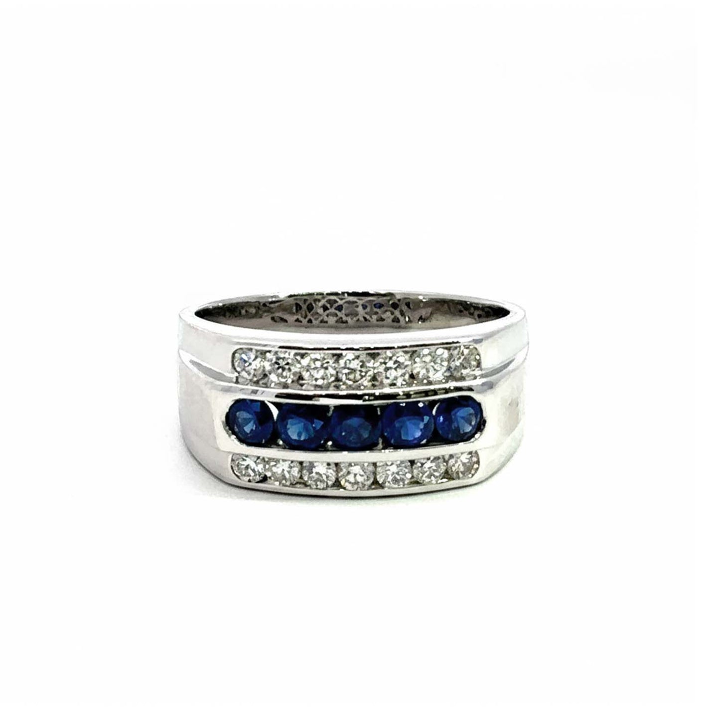 14KT White Gold Men’s Ring Featuring 1.00ct Deep Blue Sapphires and 0.70ct Diamond Rows