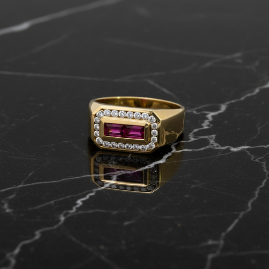 Men’s 14KT Yellow Gold Ring with 0.63ct Square-Cut Rubies & 0.43ct Diamond Halo