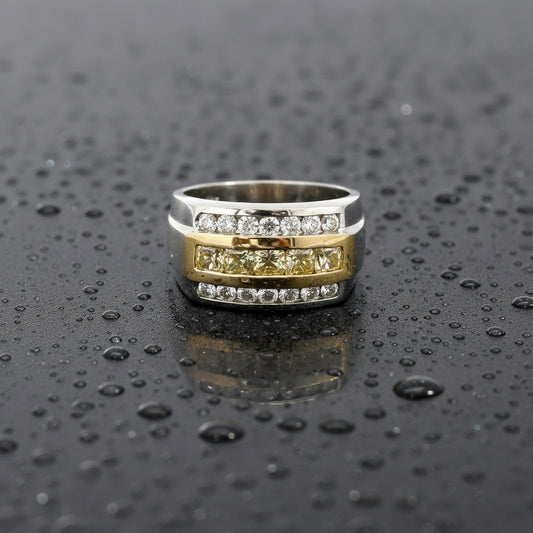 14KT Men’s Dual-Tone Gold Ring – 1.60CT Natural White & Yellow Diamonds, Dazzling Bold Design