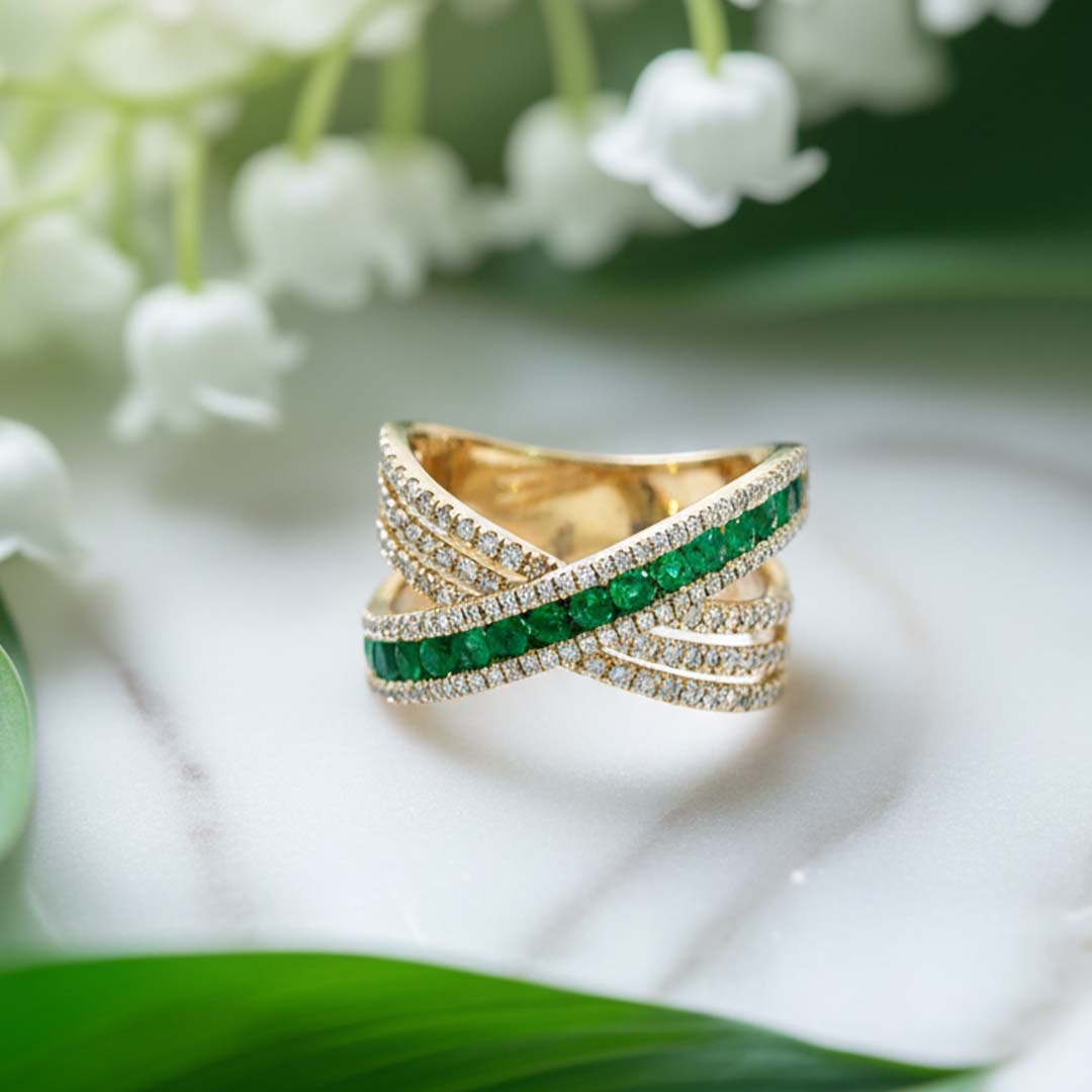 14KT Yellow Gold Emerald (0.49 CT) and Diamond (0.64 CT) Crossover Ring