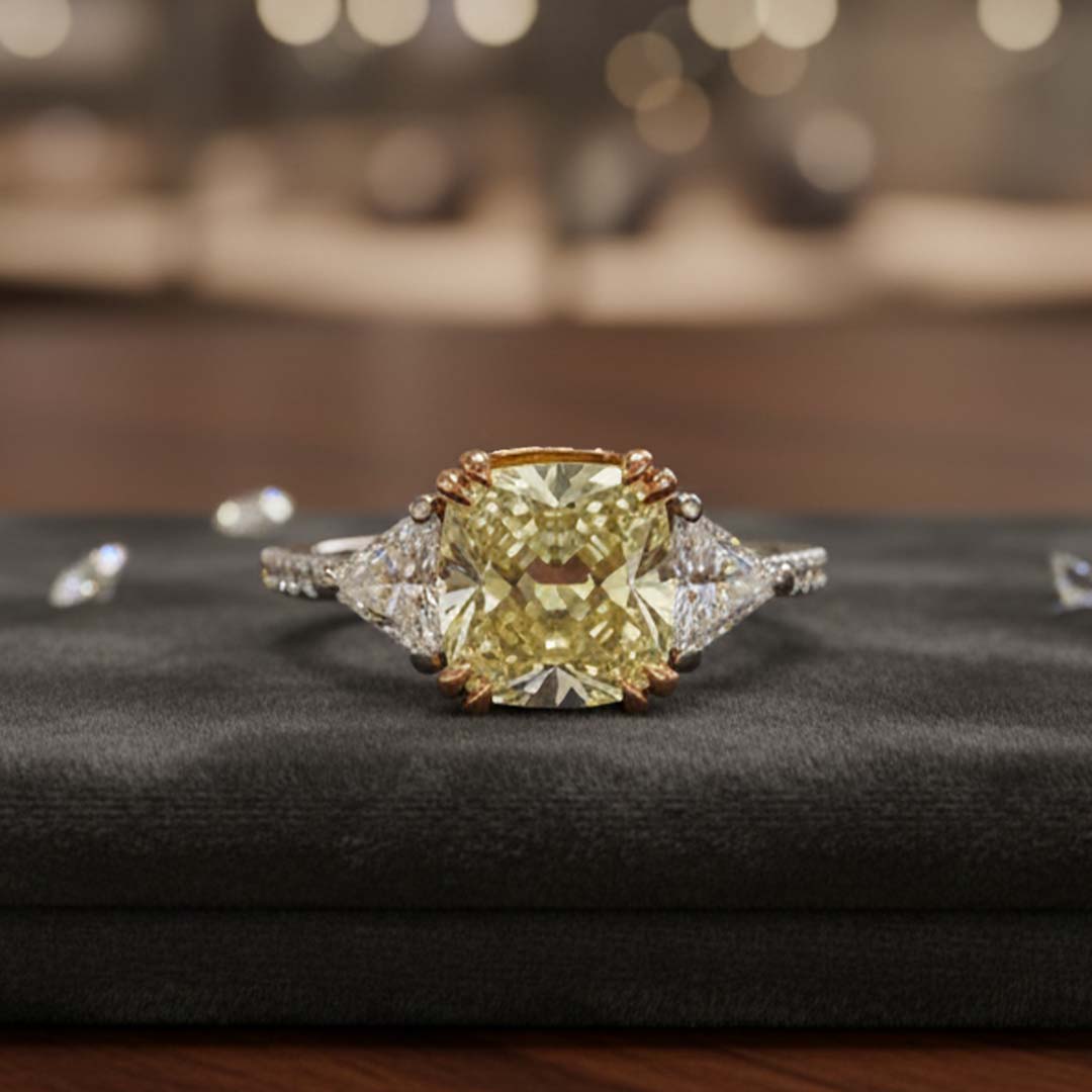 2.08ct Fancy Yellow Cushion-Cut Diamond Ring in 18K Gold with Trillion Side Diamonds