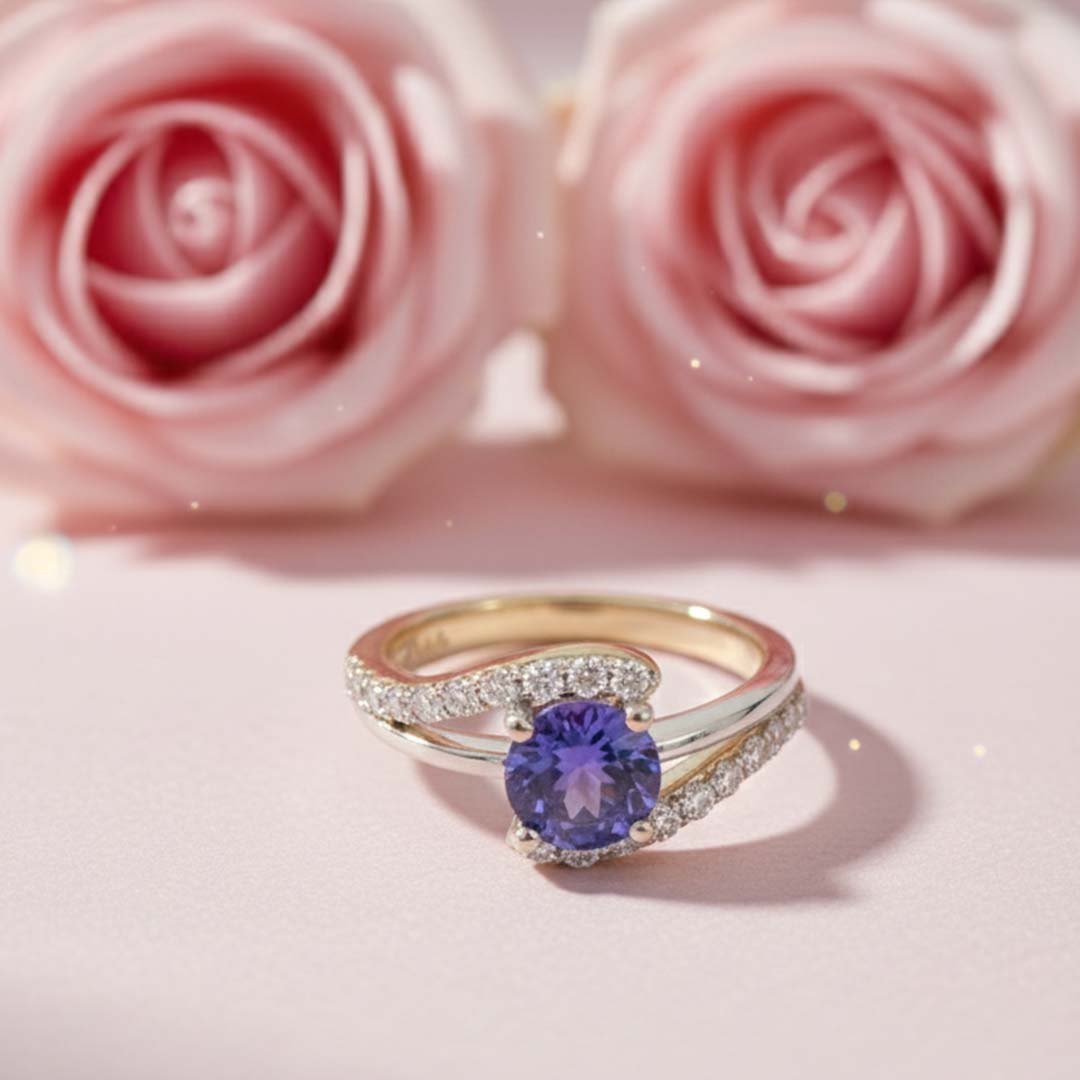 Tanzanite and Diamond Ring | 1.25 ct Round Tanzanite with 0.60 ct Side Diamonds in 14K Two-Tone Gold