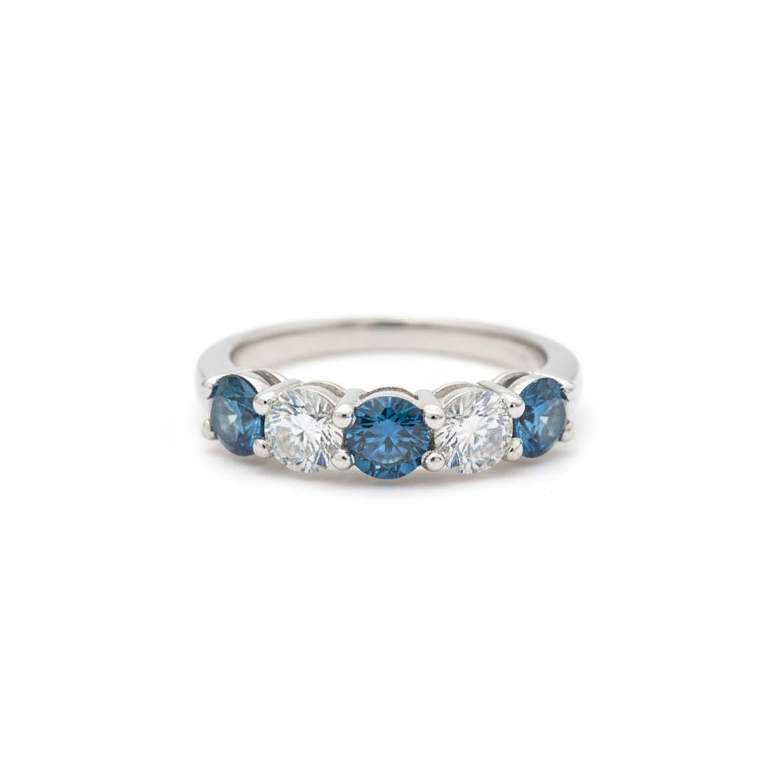 14K White Gold Blue & White Diamond Band – 1.65 CTW Alternating Five-Stone Style