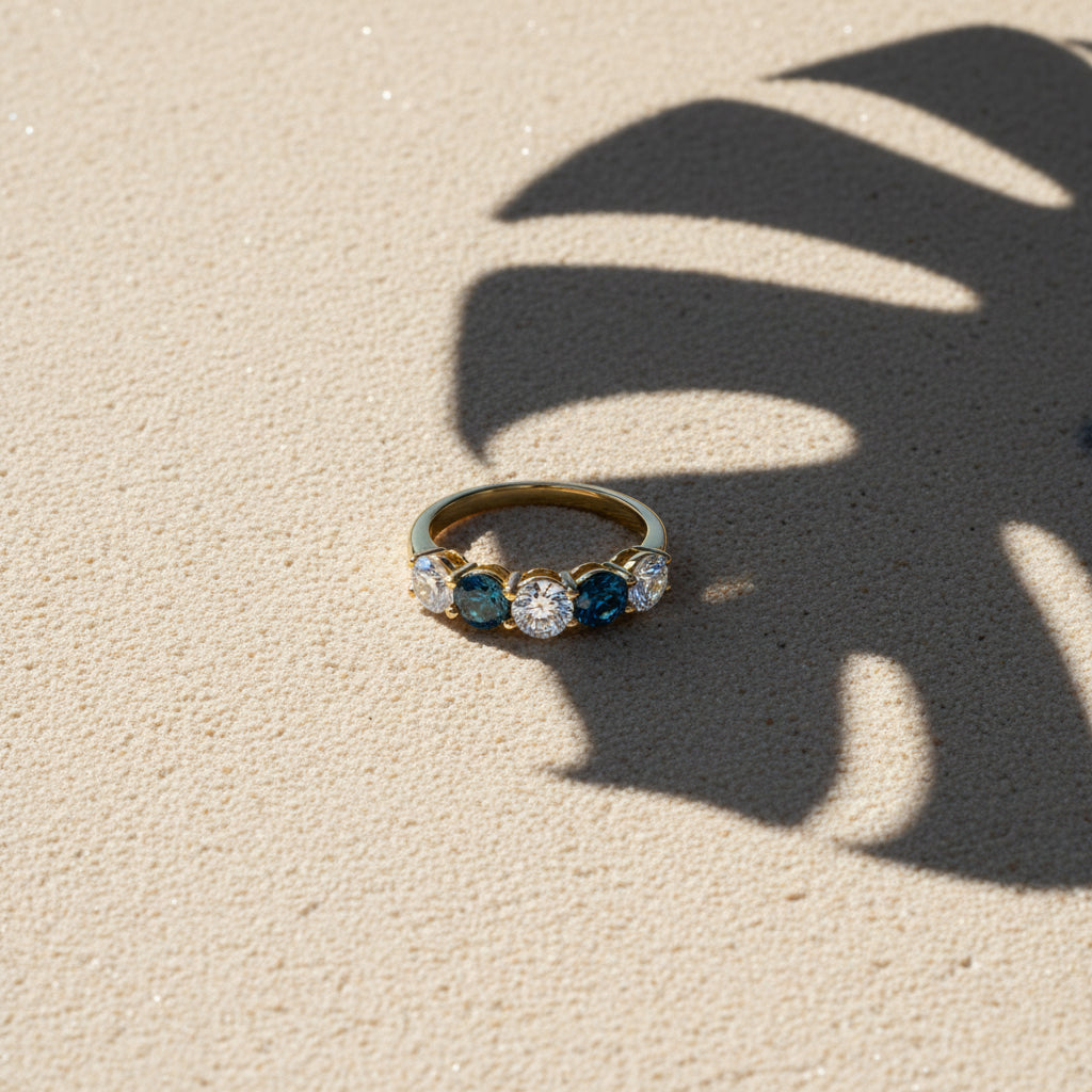 14K White Gold Blue & White Diamond Ring – 2.10 CTW Five-Stone Classic Design