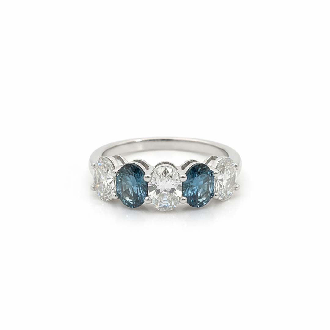 14K White Gold Blue & White Diamond Ring – 2.50 CTW Oval-Cut Alternating Design