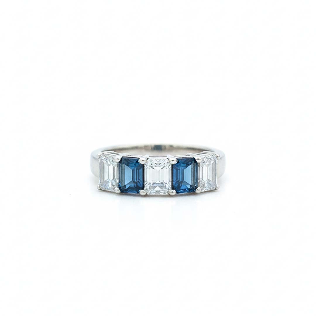 14K White Gold Blue & White Diamond Ring – 2.59 CTW Emerald-Cut Alternating Design