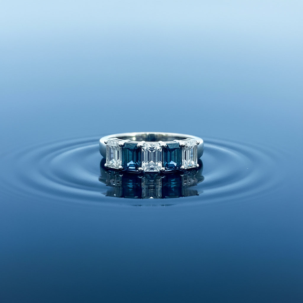 14K White Gold Blue & White Diamond Ring – 2.59 CTW Emerald-Cut Alternating Design