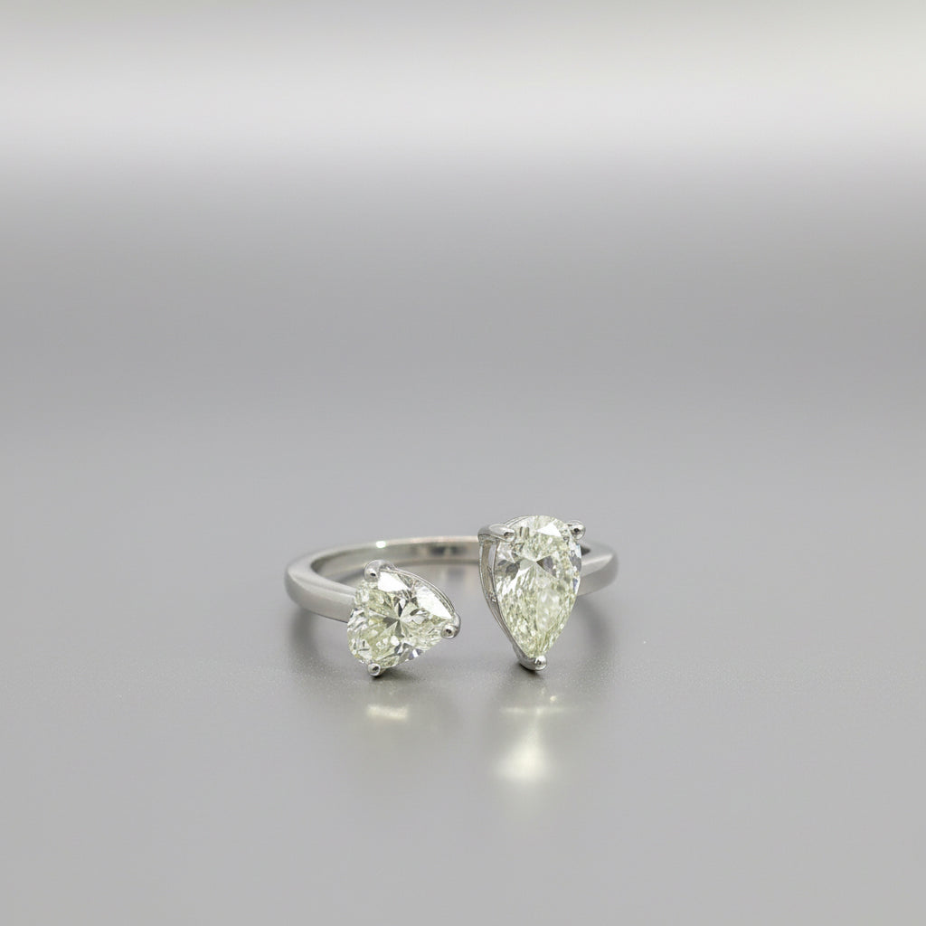 Eternal Love – 14K White Gold Heart & Pear Diamond Ring (1.02ct + 1.01ct) in Open Band Design