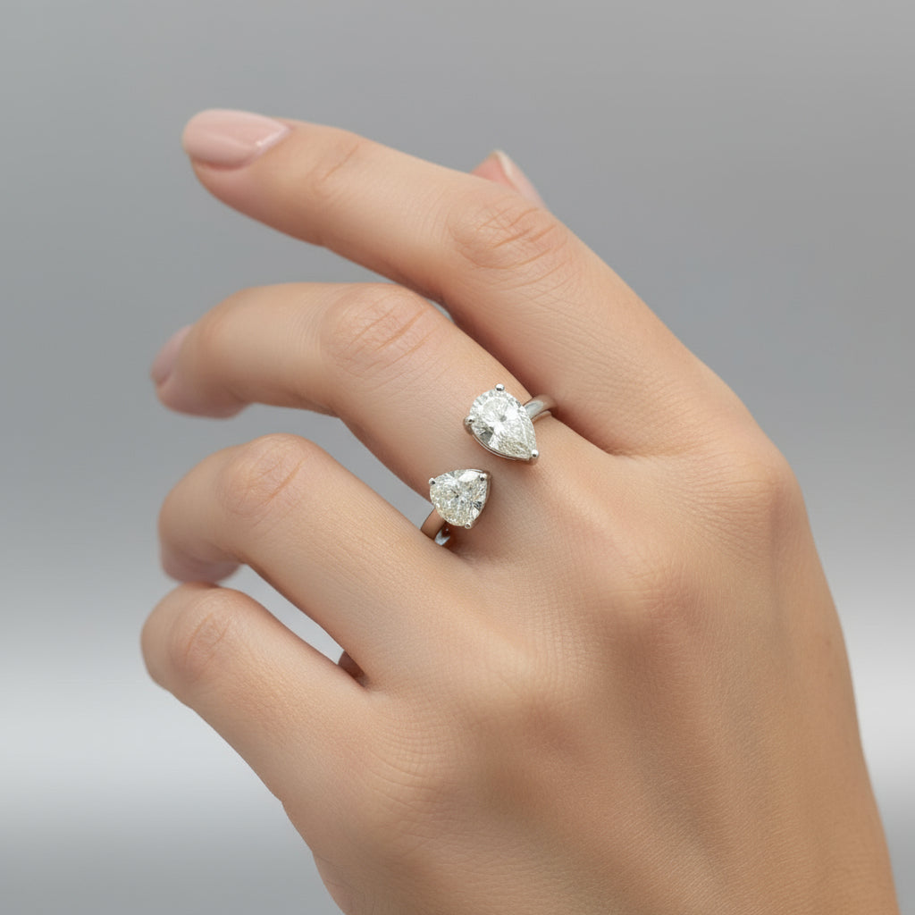 Eternal Love – 14K White Gold Heart & Pear Diamond Ring (1.02ct + 1.01ct) in Open Band Design