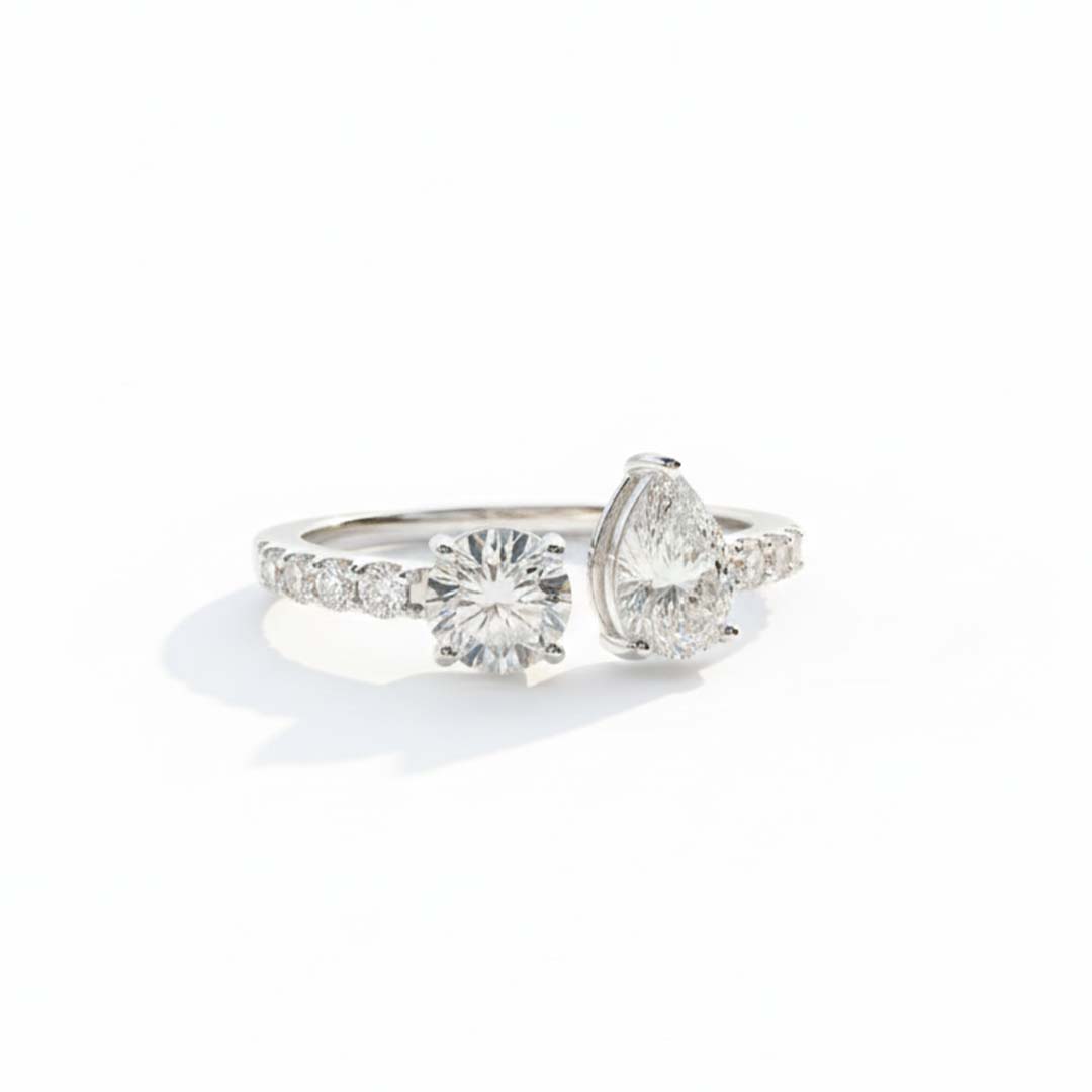 14K White Gold Round & Pear Cut Diamond Ring – 1.46 CT Center, 0.40 CT Side Stones