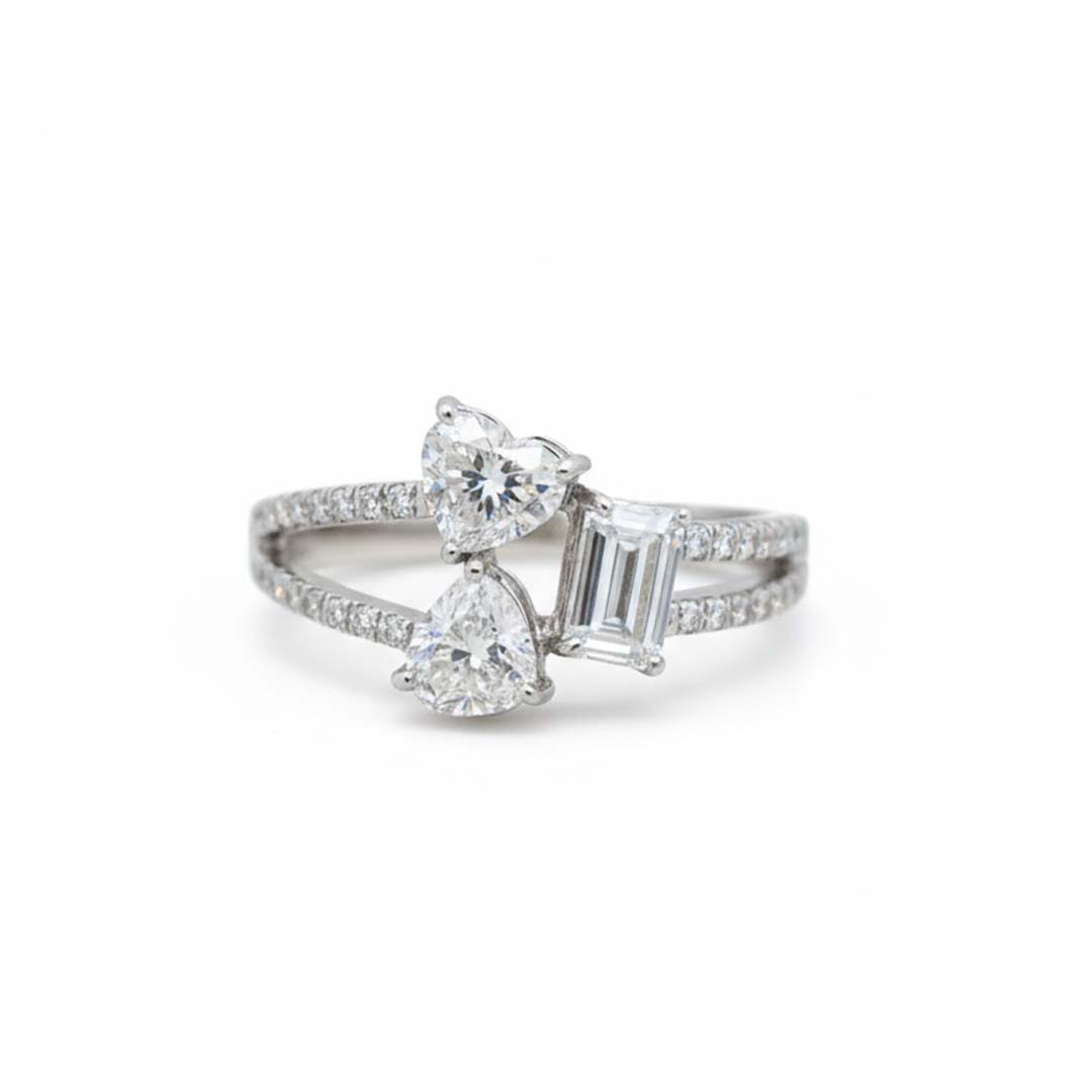 14K White Gold Heart and Emerald-Cut Diamond Ring – Split Shank Design (1.83ct Total)