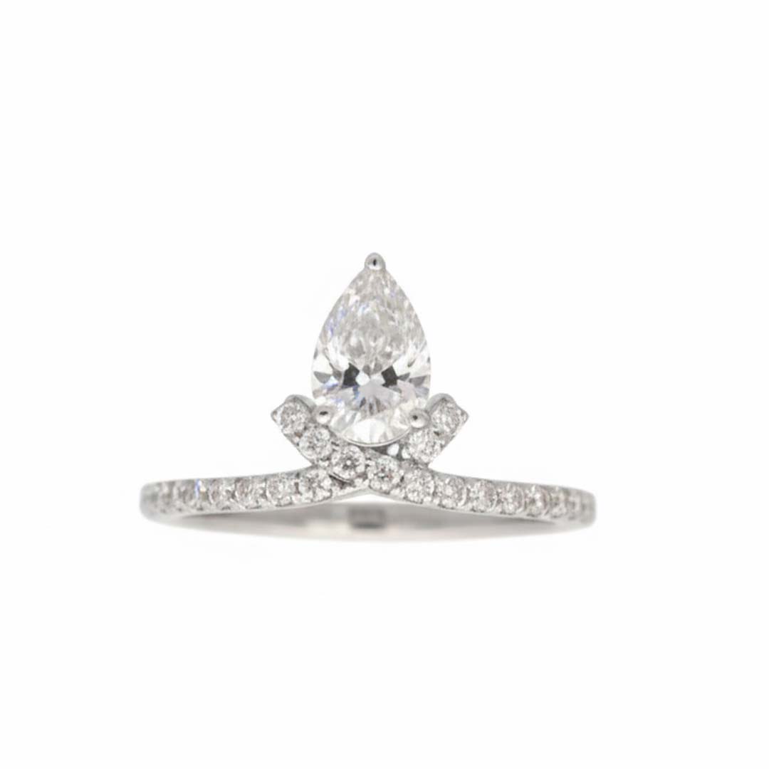 14K White Gold Ladies’ Ring Featuring 0.80ct Pear-Shaped Natural Diamond and 0.31ct Side Diamonds