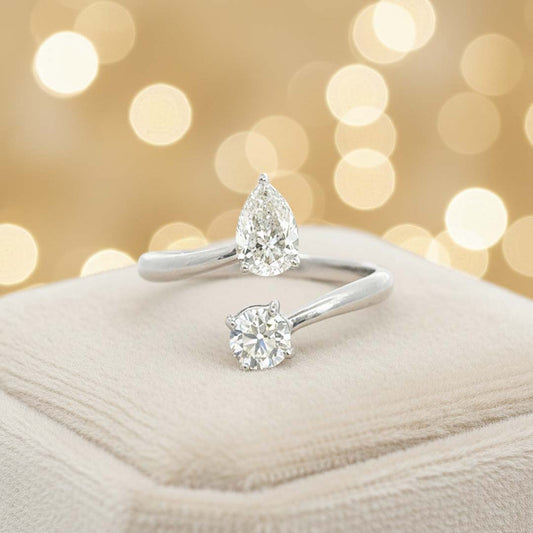 14K White Gold Oval & Pear Diamond Bypass Ring – Two-Stone Brilliance You’ll Fall in Love With