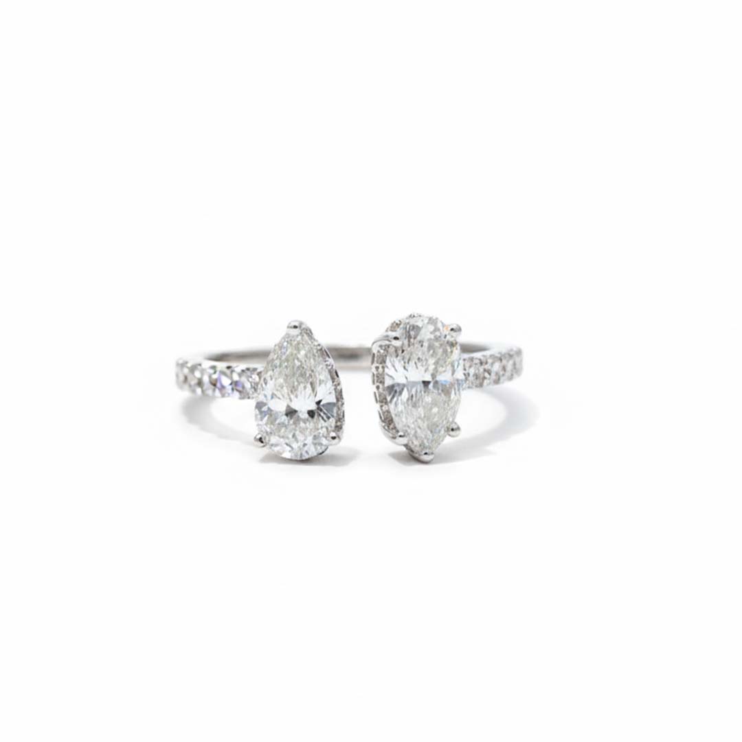 14K White Gold Pear & Oval Diamond Bypass Ring – 1.88 CTW Modern Luxury Design