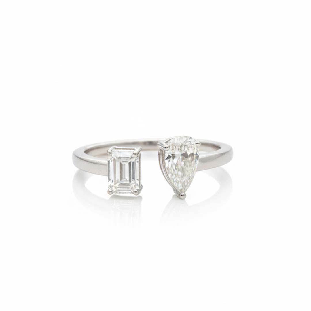14K White Gold Pear & Emerald Cut Diamond Open Ring – Modern 1.00 CT TW Contemporary Design