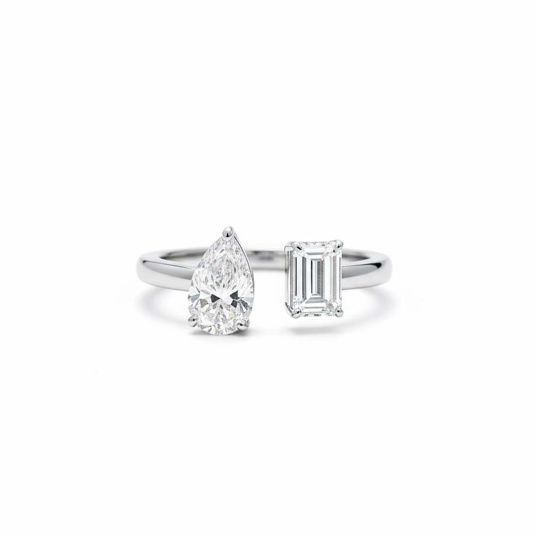 14K White Gold Pear & Emerald Cut Diamond Open Ring – 1.22 CTW Modern Elegant Design