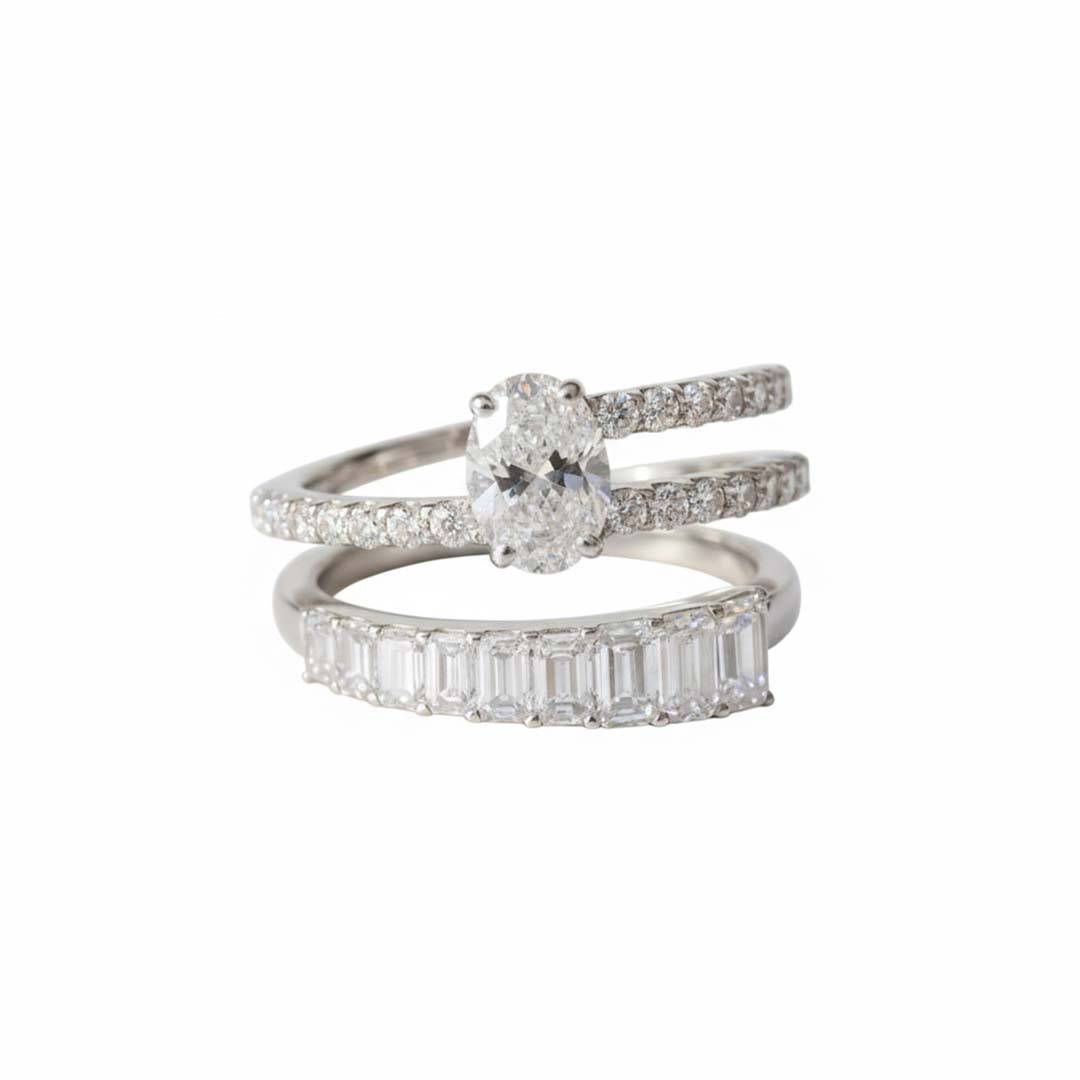 14K White Gold Oval-Cut Diamond Ring – 2.37 Carats Total, Double Band Style