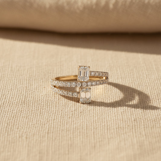 14K Gold Emerald Cut Diamond Bypass Ring – 1.49 CTW Pave Modern Elegance
