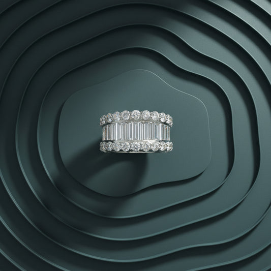 14K White Gold Baguette & Round Diamond Ring – 4.73 CTW Channel Set Statement Design