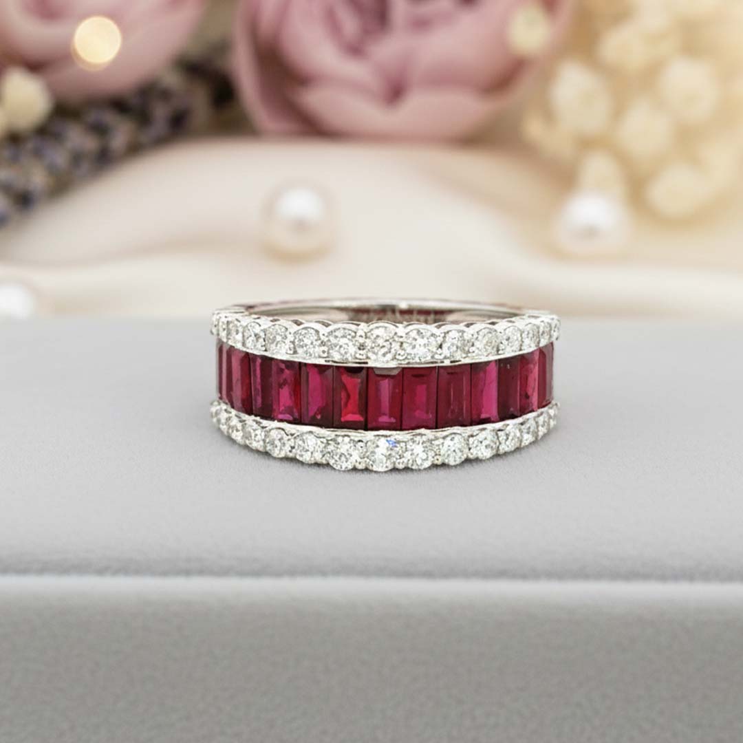14KT White Gold Ruby and Diamond Double-Row Band Ring (RB 1.96 cts / DIA 0.67 cts)