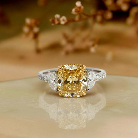 3.01ct Fancy Yellow Cushion-Cut Diamond Ring in 18K Gold with Trapezoid Side Diamonds