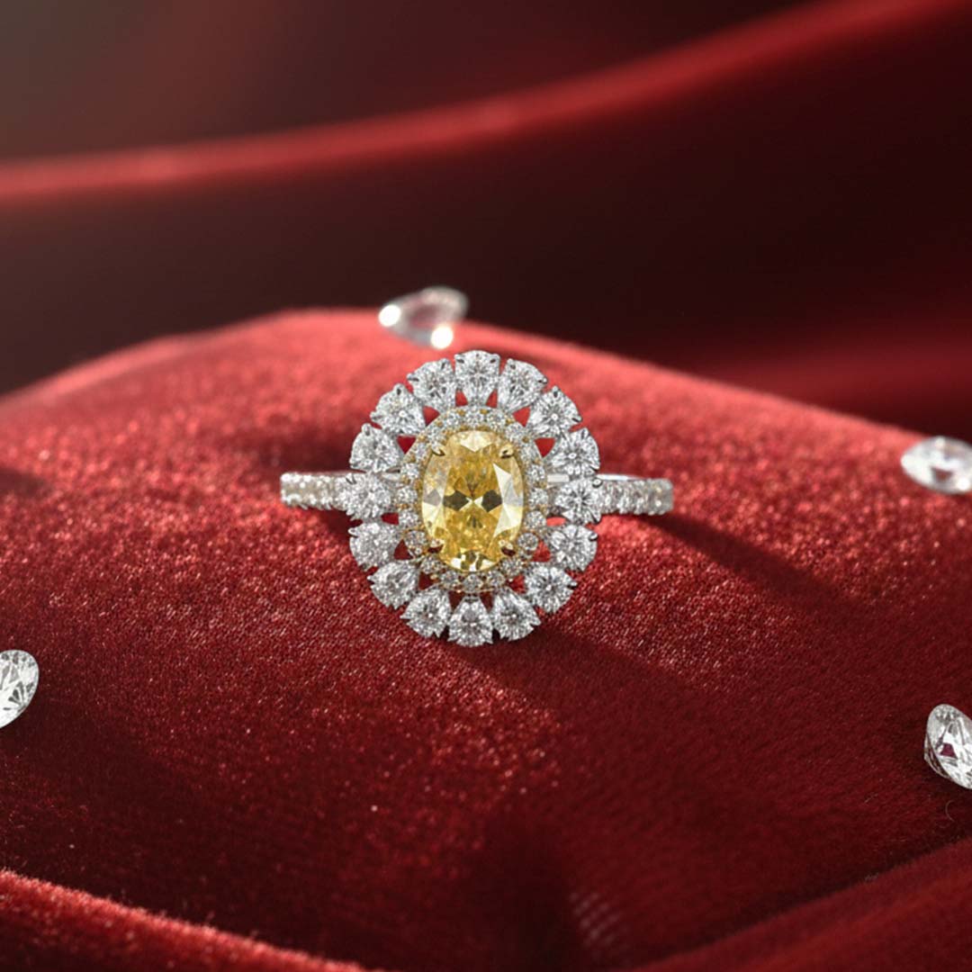 18KT Gold GIA Certified Fancy Yellow Oval Diamond Halo Ring – 1.98 Cts