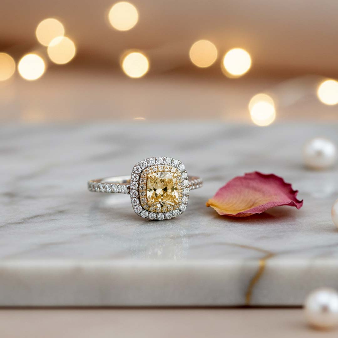 GIA Certified 1.01ct Fancy Yellow Cushion Diamond Ring – Halo Design with White Diamonds