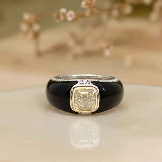 18KT Gold Cushion-Cut Yellow Diamond Ring with Black Enamel Band | 2.01ct GIA Certified Center & 0.22ct Side Diamonds