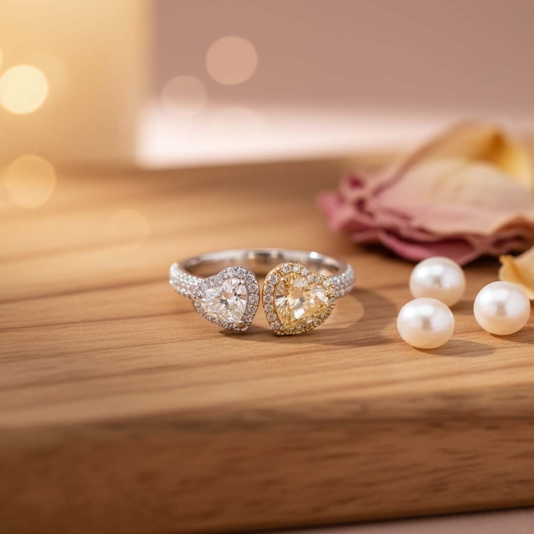 Eternal Hearts: Fancy Yellow & White Diamond Ring with Dual Halo Design