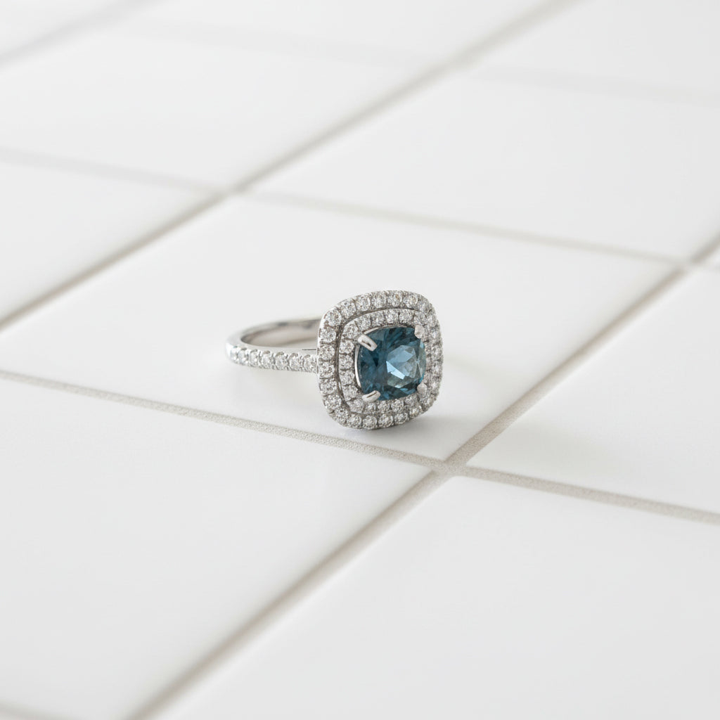 18K White Gold Blue Diamond Double Halo Ring – 2.68 CTW Cushion Cut Luxury Design