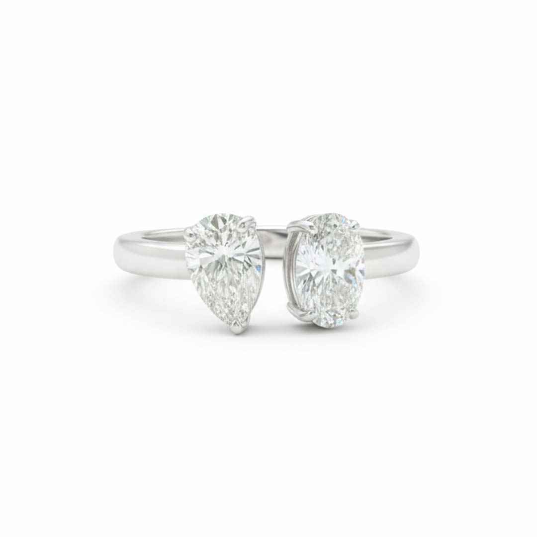 Fine 14K White Gold Oval & Pear Diamond Ring – Two-Stone Bypass Setting, 1.41ct Total Weight