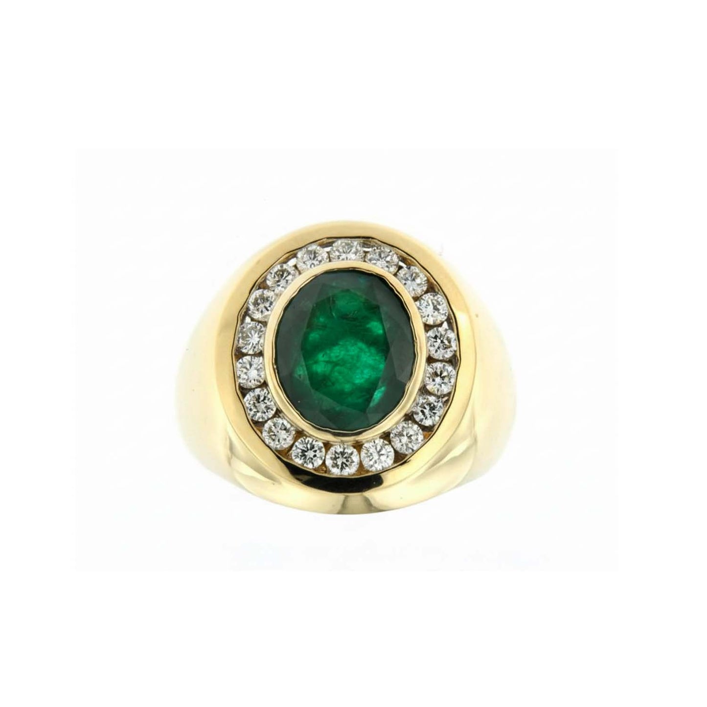 14KT Yellow Gold Men’s Ring Featuring 6.10ct Vivid Oval Emerald Surrounded by 1.13ct Diamonds