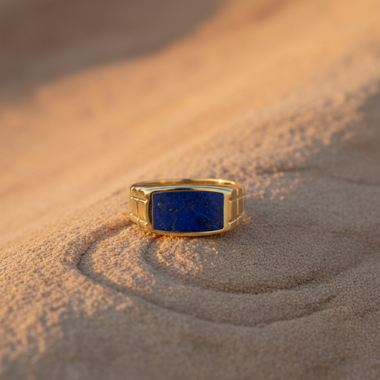 14KT Men’s Gold Ring Showcasing a Striking Natural Lapis Centerpiece with Deep Blue Hues